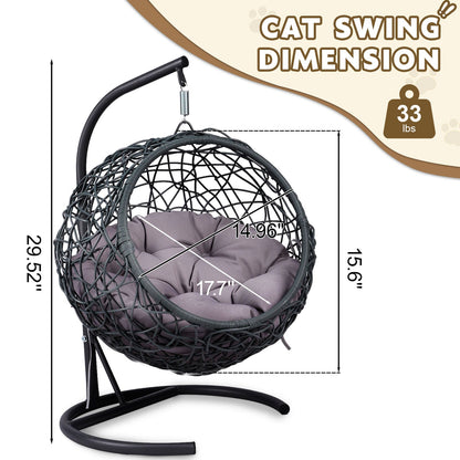 Cat Swing Bed with Stand and Cushion, Rattan Wicker Egg Chair Style, Gray