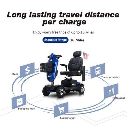 Mobility Scooter 4-Wheel Metal Blue 16 Mile USB 360 Swivel Seat Anti-Tip