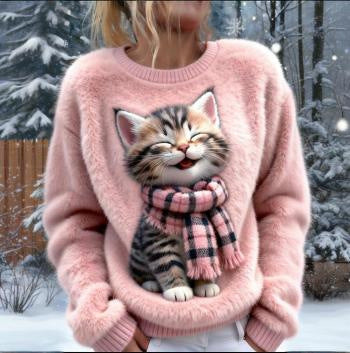 New Flannel Printed Christmas Sweet Crew-Neck Top With Snowman Design