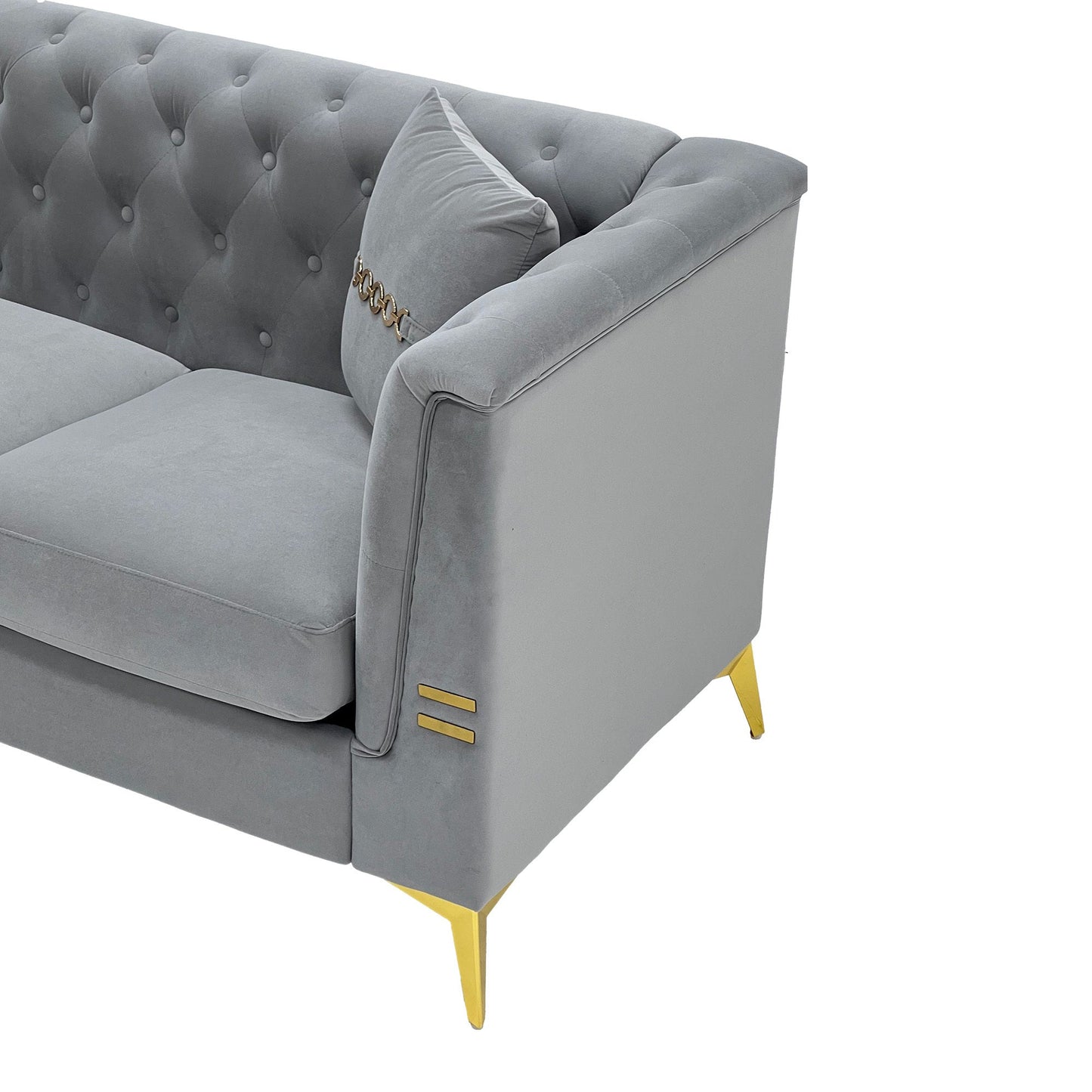 Mid-Century Velvet Sofa Set 2pc Tufted Gray Gold Legs