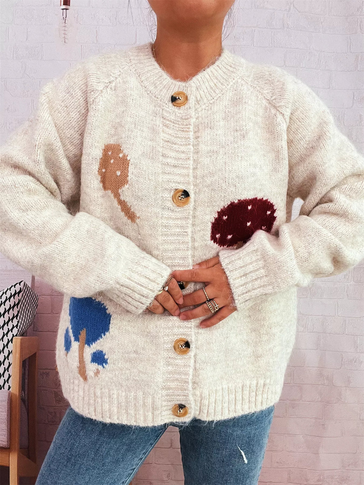 Mushroom Pattern Button-Up Cozy Knit Cardigan