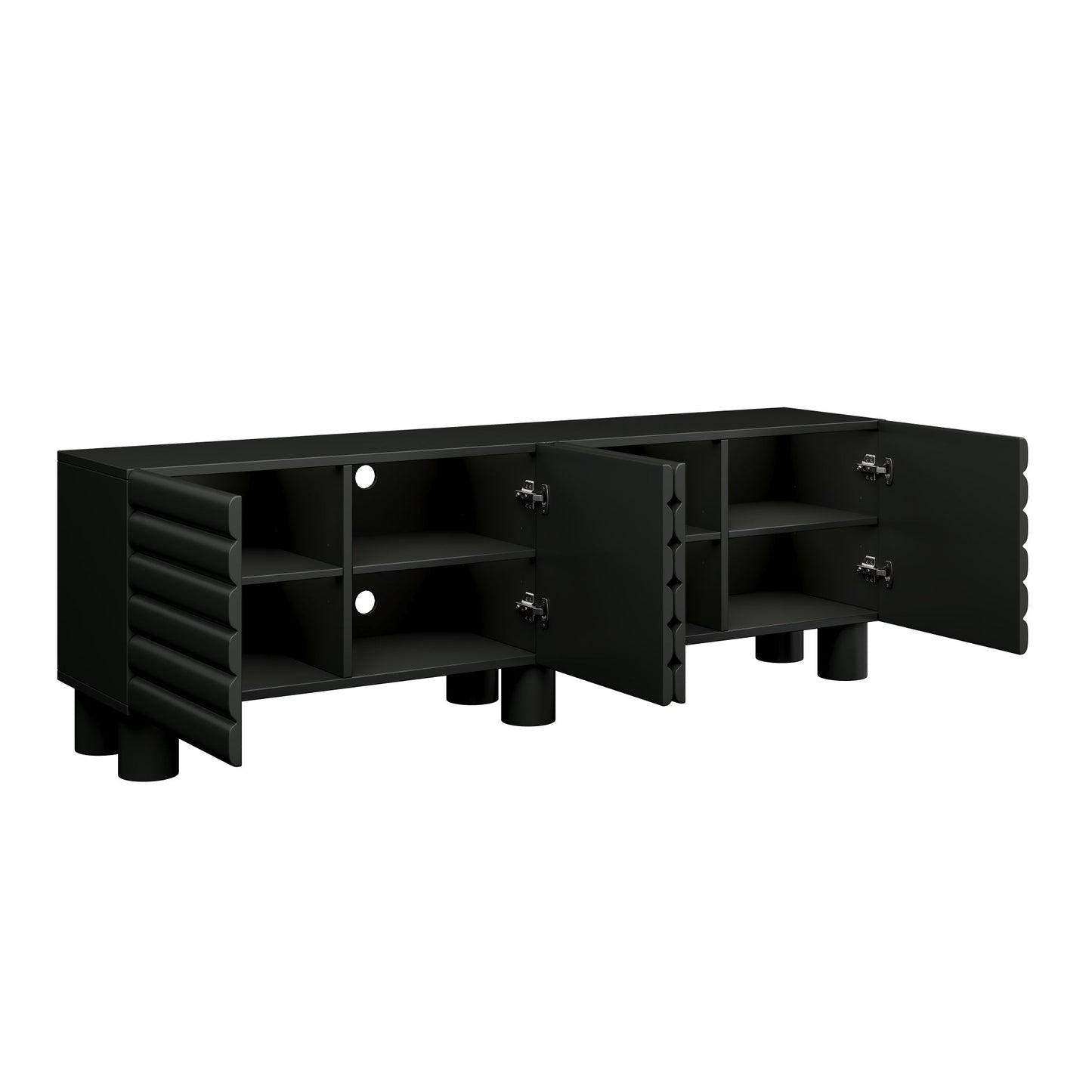 TV Stand Wavy Door Black MDF 4-Cabinet Cylindrical Legs Fits 70 In TV