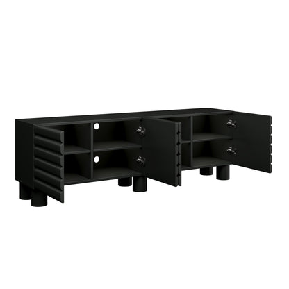 TV Stand Wavy Door Black MDF 4-Cabinet Cylindrical Legs Fits 70 In TV