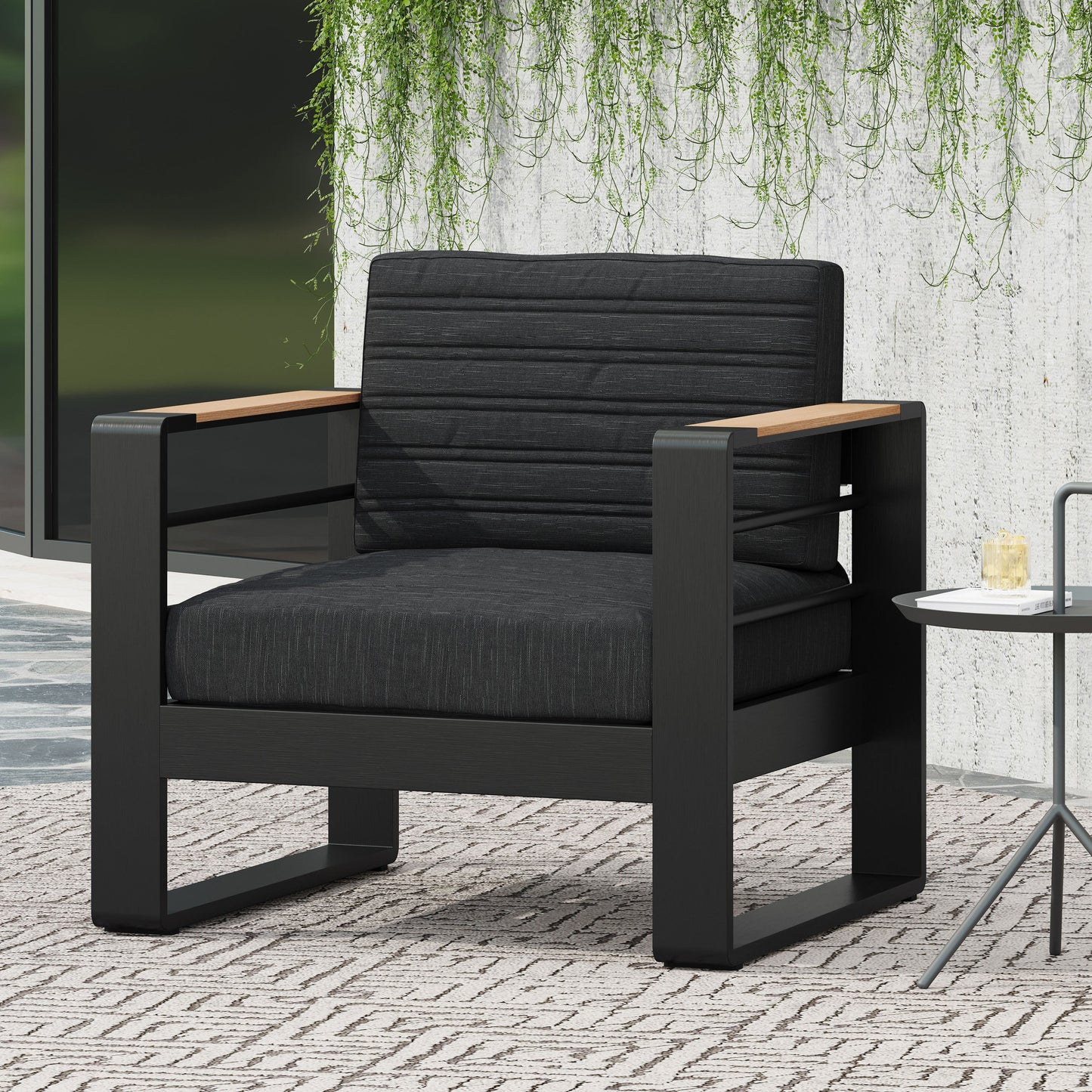 Outdoor Club Chair Aluminum Black Slat Design Water-Resistant 32x27.5x24.75 In