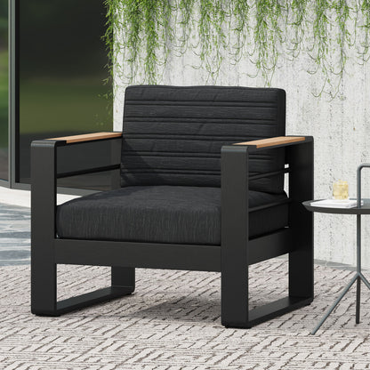 Outdoor Club Chair Aluminum Black Slat Design Water-Resistant 32x27.5x24.75 In
