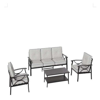 Outdoor Patio Set Metal Black Gray Cushion 4 Piece Seats 5