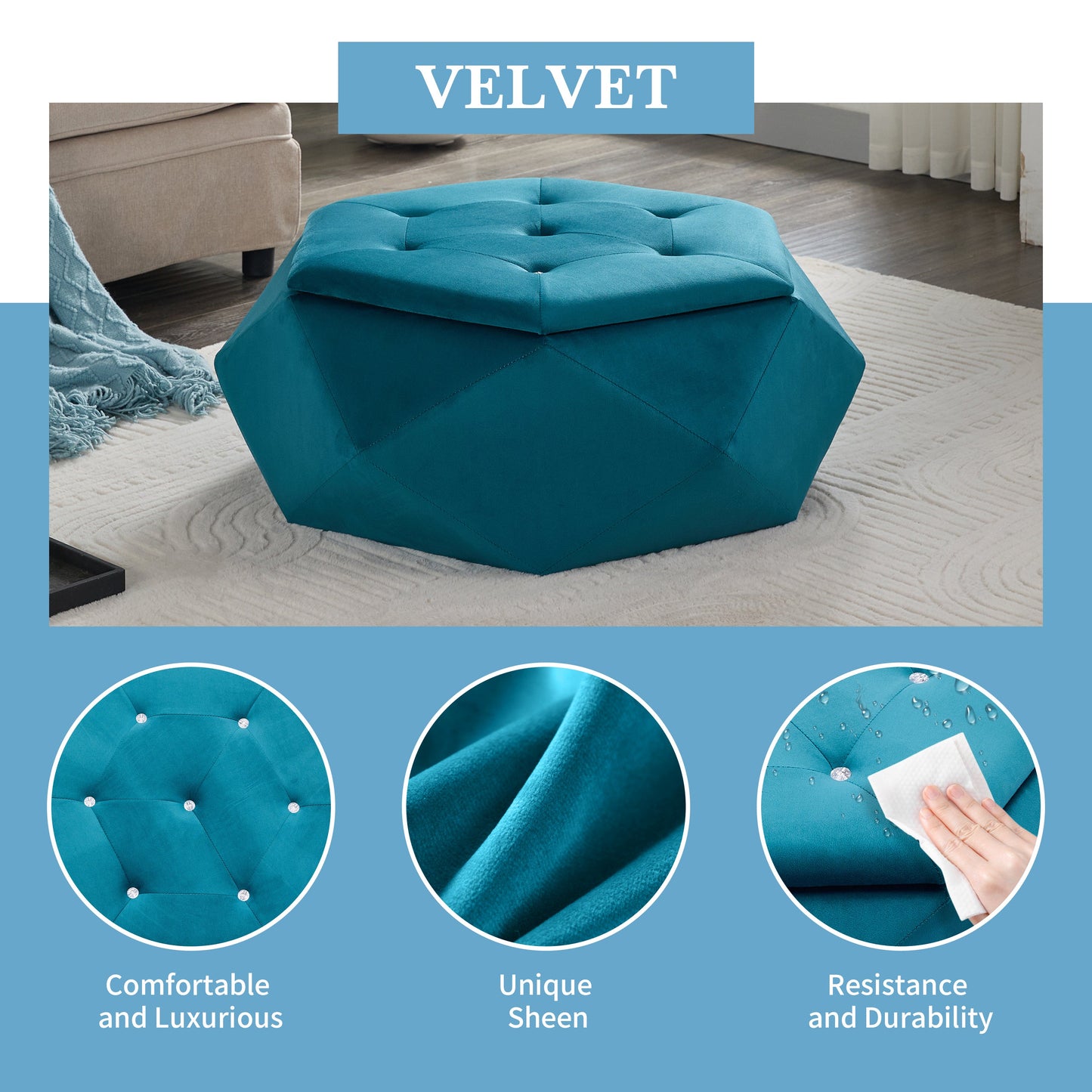 Elegant Velvet Polygon Diamond Tufted Storage Ottoman, Blue