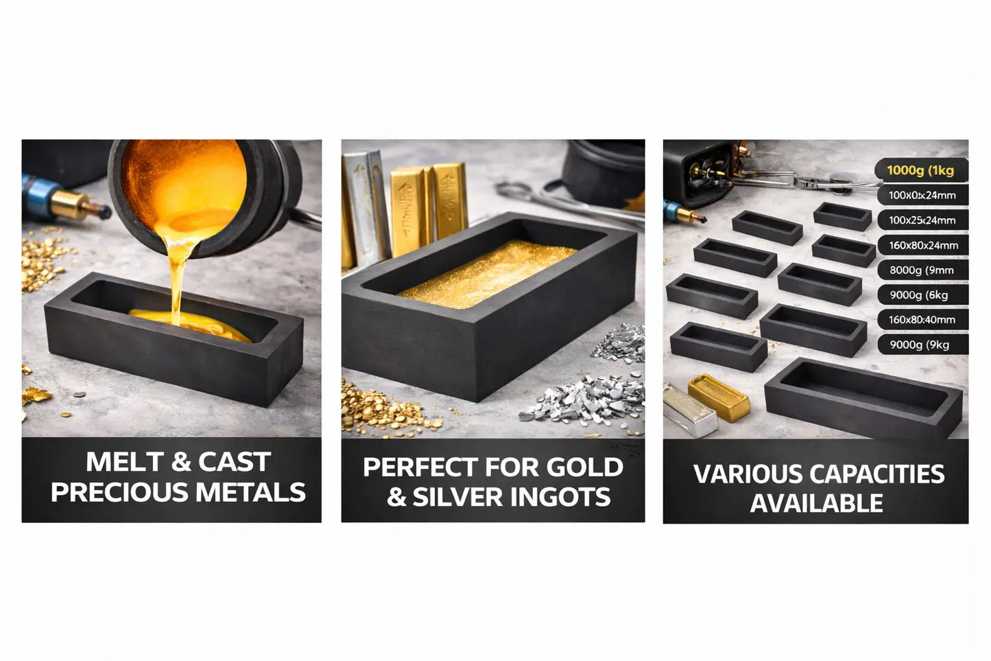 Graphite Ingot Mold for Gold & Silver Casting | 1000g–9000g (1kg–9kg) Capacities | High Purity Heat Resistant Mold