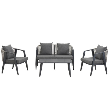 Outdoor Seating Set 4 Piece Bench Chairs Table Iron Gray