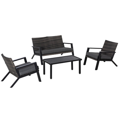 Outdoor Patio Set PE Wicker Black 4 Piece Loveseat Chairs
