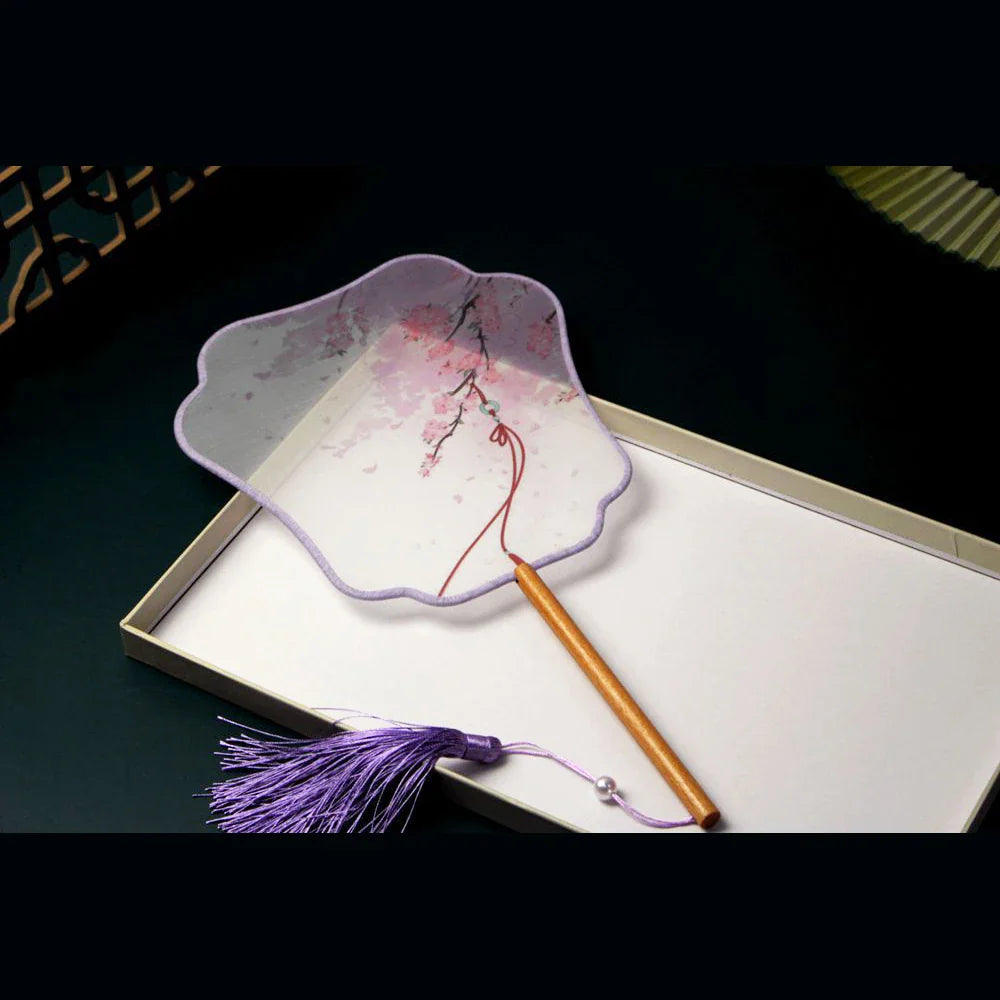 Chinese Silk Round Hand Fan with Floral Embroidery