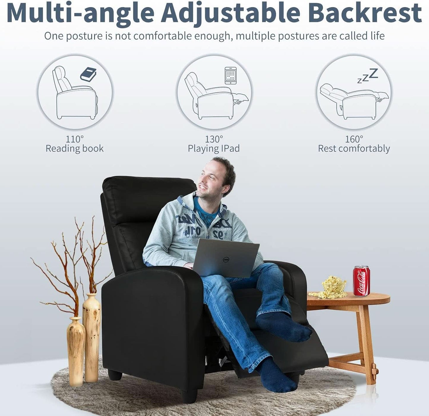 Black Wingback Recliner With Massage Therapy Living Room