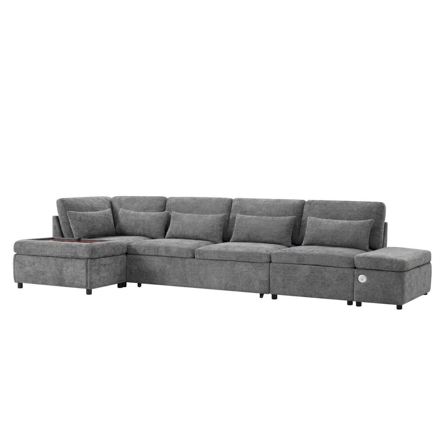 Sofa Bed L-Shape Chenille Gray 6 Seat Pull-Out USB Ports 107 In