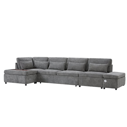 Sofa Bed L-Shape Chenille Gray 6 Seat Pull-Out USB Ports 107 In