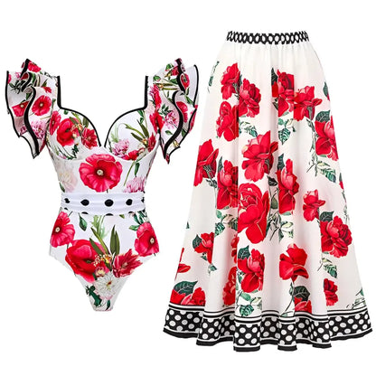 Floral Chiffon Polyester Printed One Piece Swimsuit Set