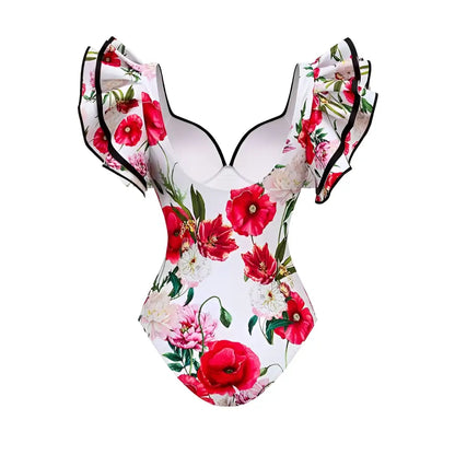 Floral Chiffon Polyester Printed One Piece Swimsuit Set