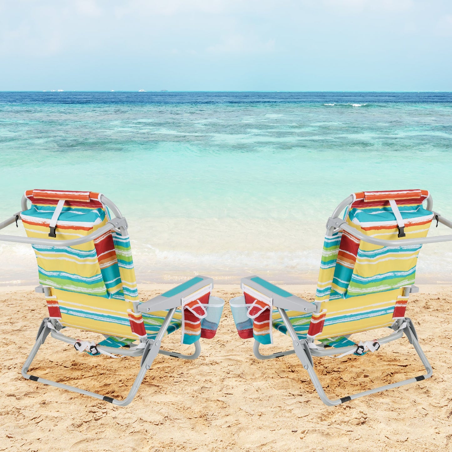 Foldable Backpack Beach Chair with Cup Holder and Storage Pockets Set of 2