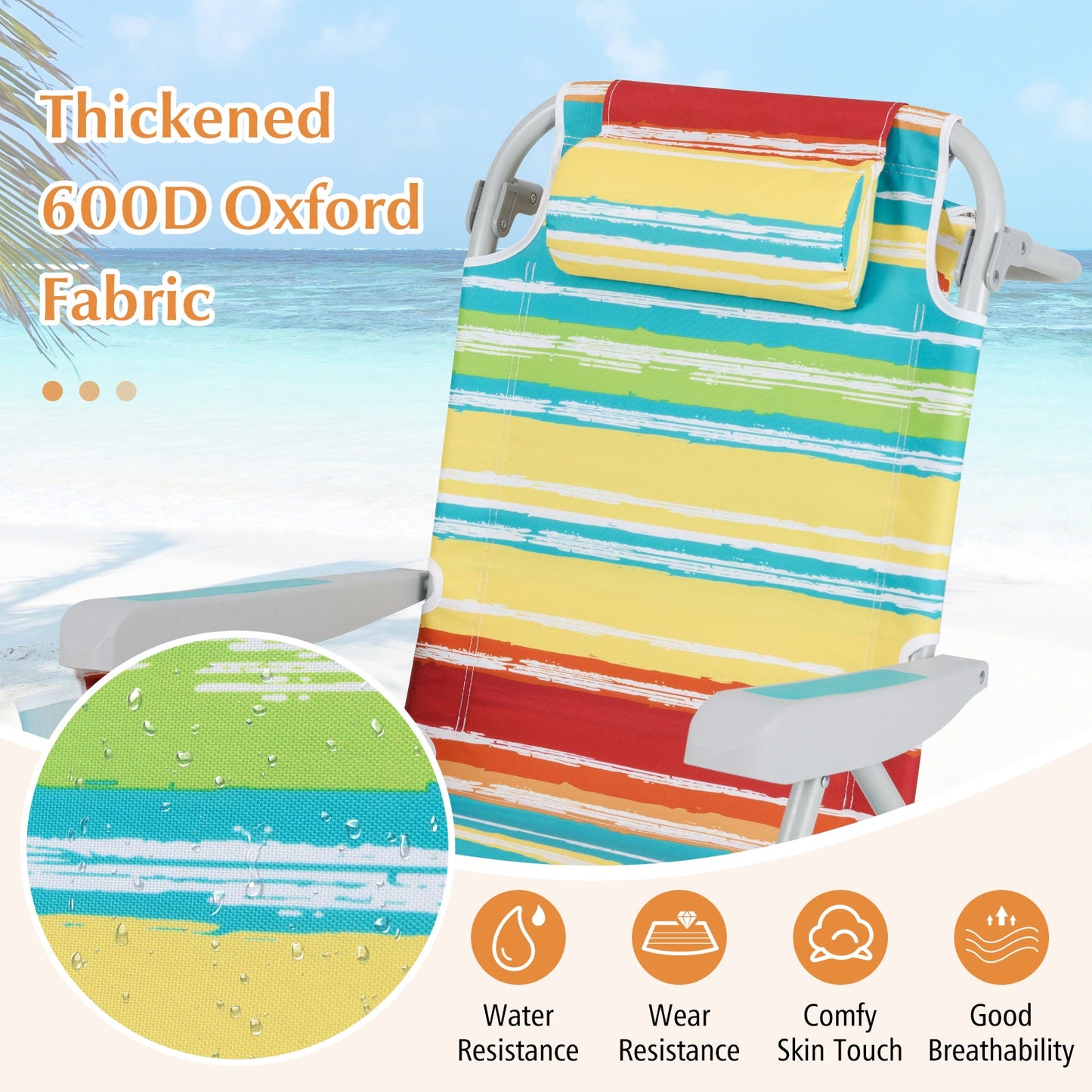 Foldable Backpack Beach Chair with Cup Holder and Storage Pockets Set of 2