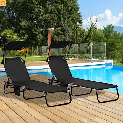 Chaise Lounge Steel Black Folding Canopy Shade 5 Position 265 lb Set of 2