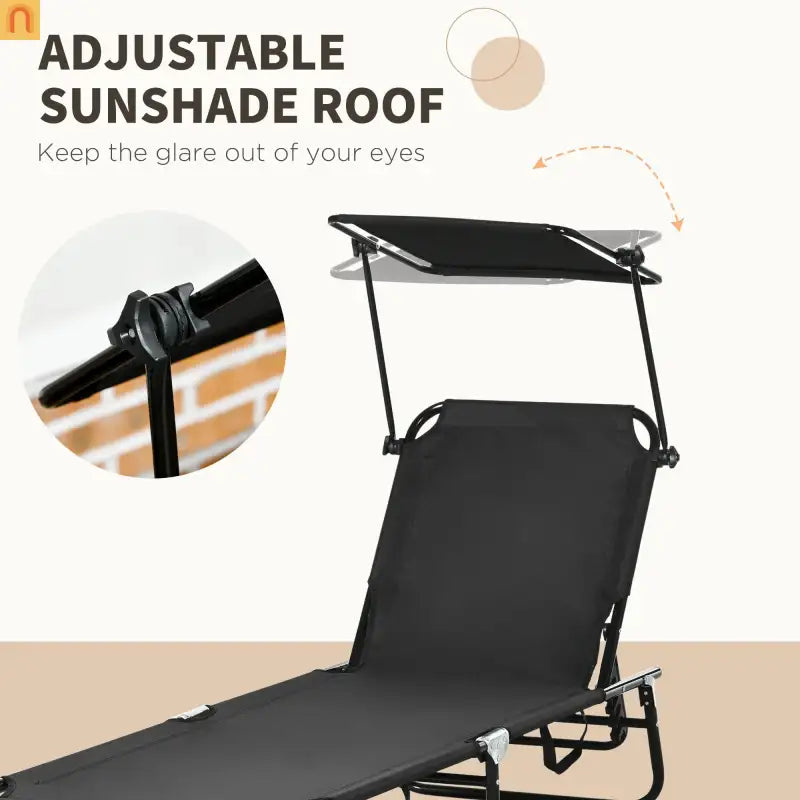 Chaise Lounge Steel Black Folding Canopy Shade 5 Position 265 lb Set of 2