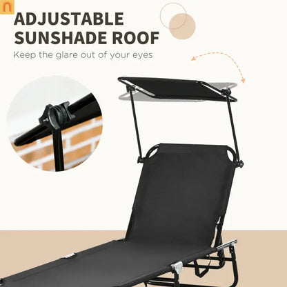 Chaise Lounge Steel Black Folding Canopy Shade 5 Position 265 lb Set of 2
