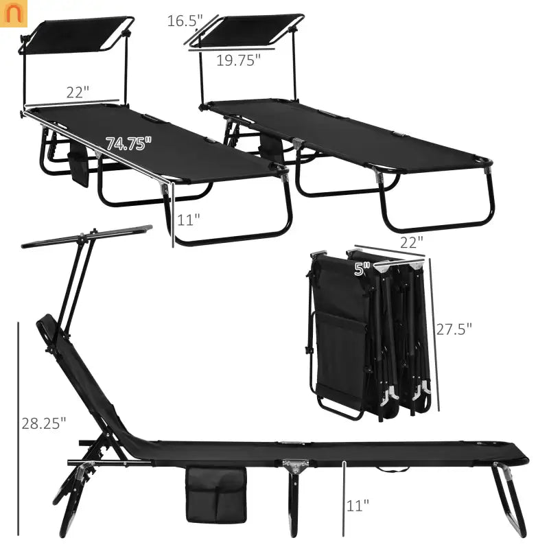 Chaise Lounge Steel Black Folding Canopy Shade 5 Position 265 lb Set of 2