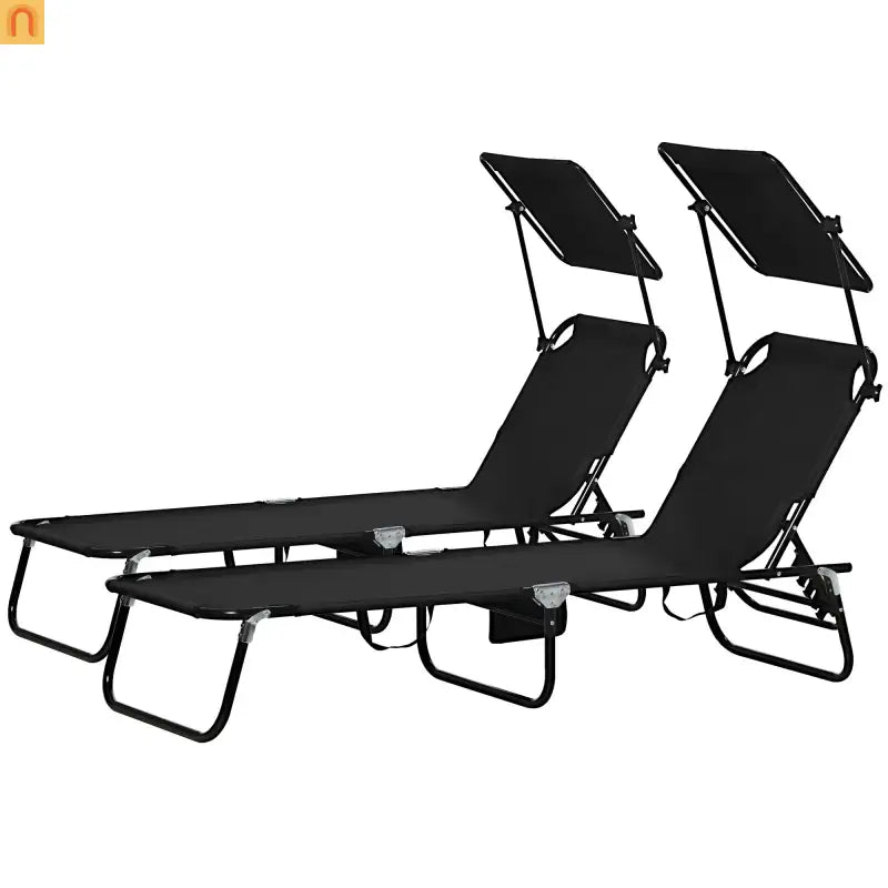 Chaise Lounge Steel Black Folding Canopy Shade 5 Position 265 lb Set of 2