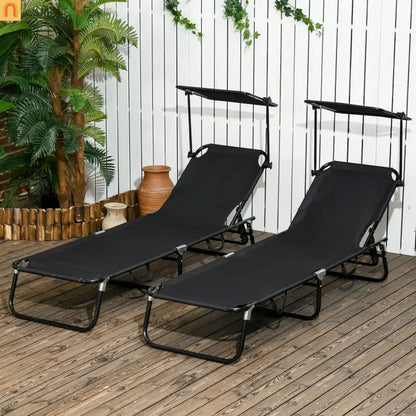 Chaise Lounge Steel Black Folding Canopy Shade 5 Position 265 lb Set of 2