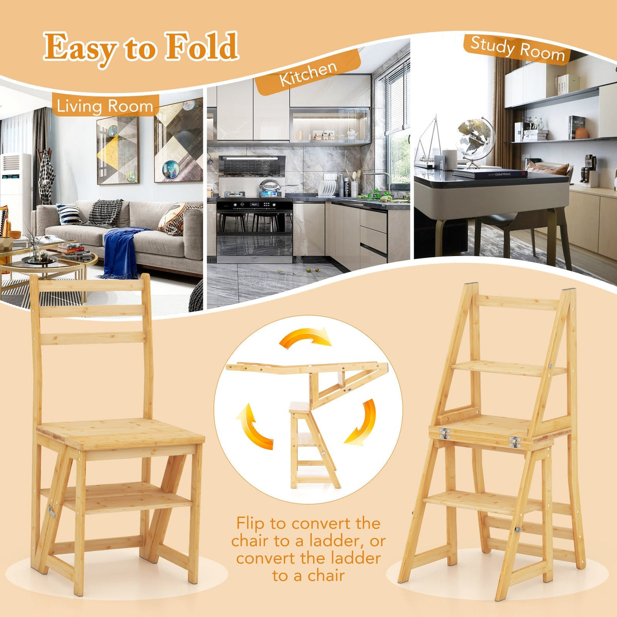 Multifunctional 3-in-1 Ladder Chair Display Plant Stand for Library Kitchen Office