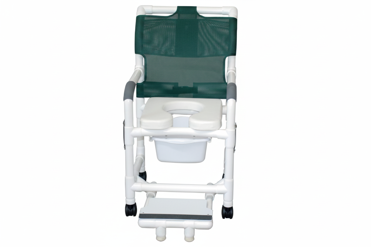 MJM International 118-3TW-DDA-SF-SQ-PAIL Shower chair 18" internal width, open front seat, 3" twin casters, with double drop arms, slide out footrest and 10 qt slide out square commode pail, 300 lbs weight capacity