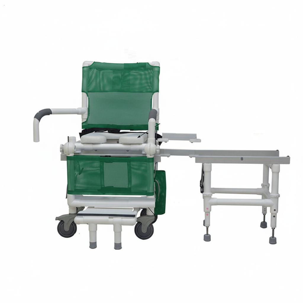 MJM International D118-5-SLIDE-N Deluxe All Purpose Dual Shower Chair/Transfer Bench (Excellent Lateral Transfer), Open Front Soft Seat, Buckle Safety Belt, Double Drop Arms, 5" x 1 1/4" Heavy Duty Casters, 300 lbs Weight Capacity