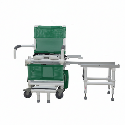 MJM International D118-5-SLIDE-N Deluxe All Purpose Dual Shower Chair/Transfer Bench (Excellent Lateral Transfer), Open Front Soft Seat, Buckle Safety Belt, Double Drop Arms, 5" x 1 1/4" Heavy Duty Casters, 300 lbs Weight Capacity