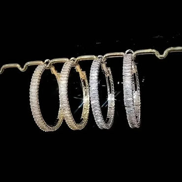 Full Rectangular Shiny Synthetic Zirconia Decorative Hoop Earrings