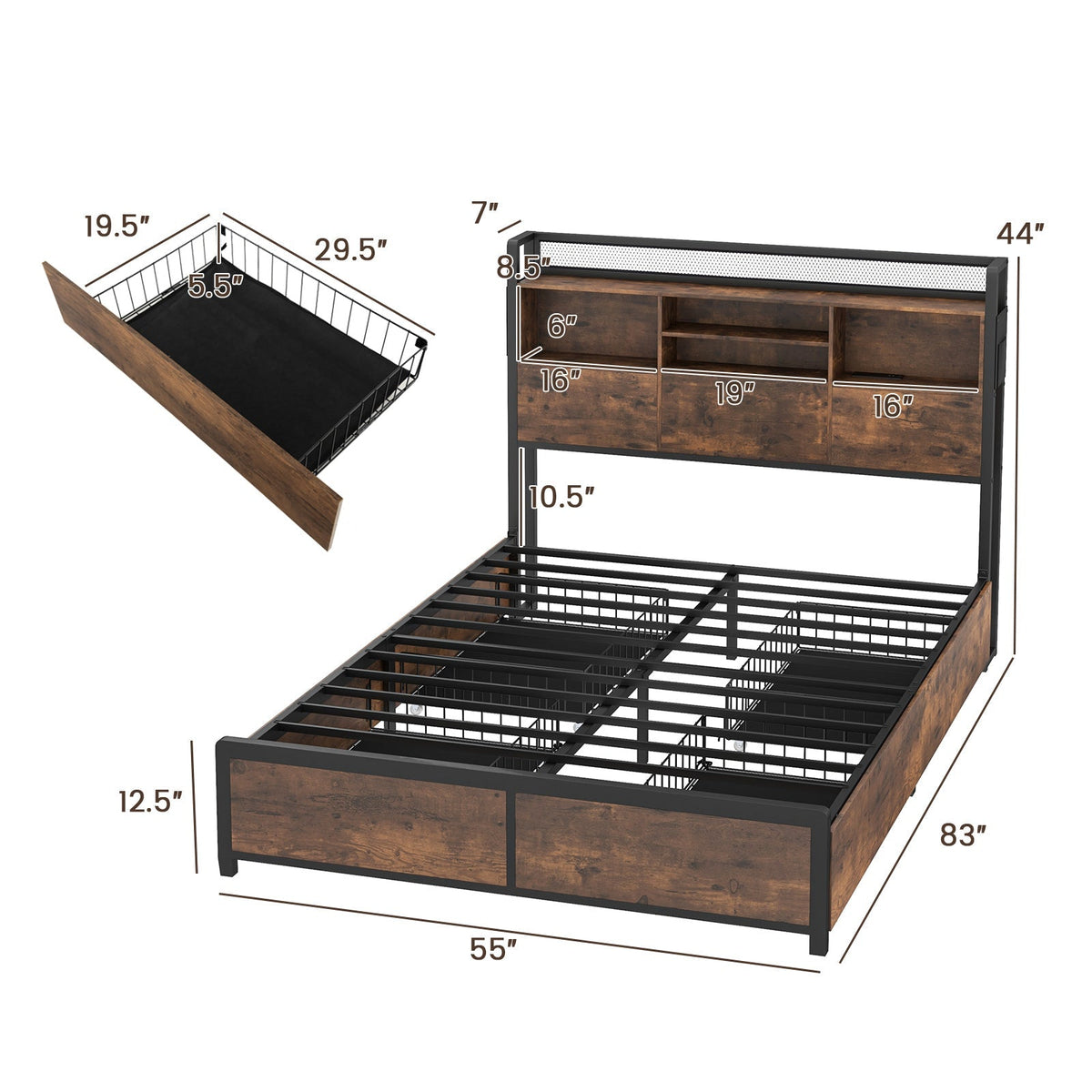 Full/Queen Size Bed Frame with Bookcase Headboard and 4 Storage Drawers