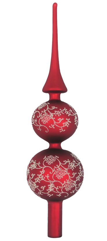 Red 13" Glass Treetopper with Gold Floral Glitterlace - Red Velvet