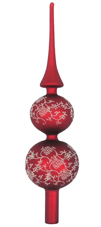 Red 13" Glass Treetopper with Gold Floral Glitterlace - Red Velvet
