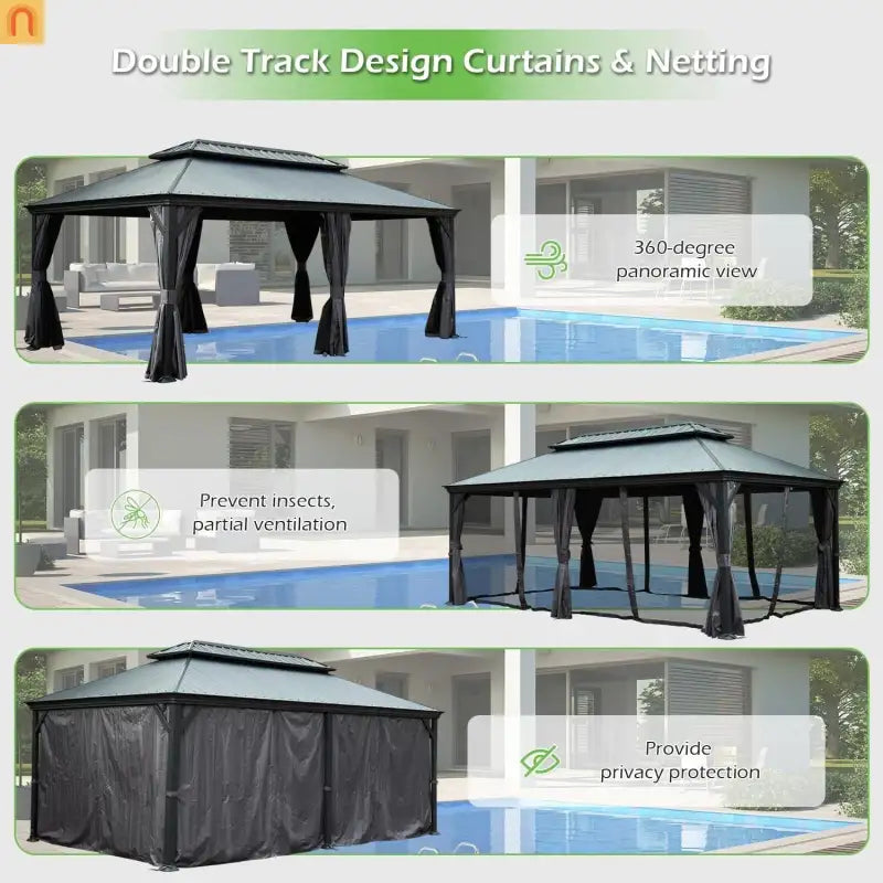 Hardtop Gazebo Steel Dark Gray 12x18ft Netting Curtains 60MPH