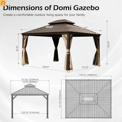 Hardtop Gazebo Steel Brown 11x13ft Curtains Netting 40MPH