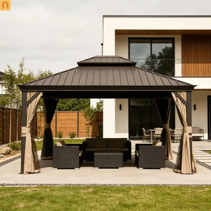Hardtop Gazebo Steel Brown 11x13ft Curtains Netting 40MPH