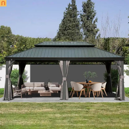 Hardtop Gazebo Aluminum Gray 12x18ft Netting Curtains 50MPH