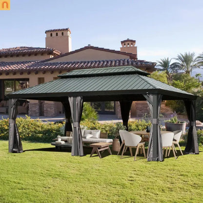 Hardtop Gazebo Aluminum Gray 12x18ft Netting Curtains 50MPH