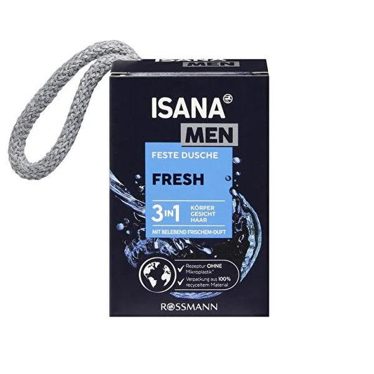 Isana Men 3-in-1 Solid Shower Gel for Face, Body & Hair - Vegan, Dermatologically Approved, Sustainable Packaging