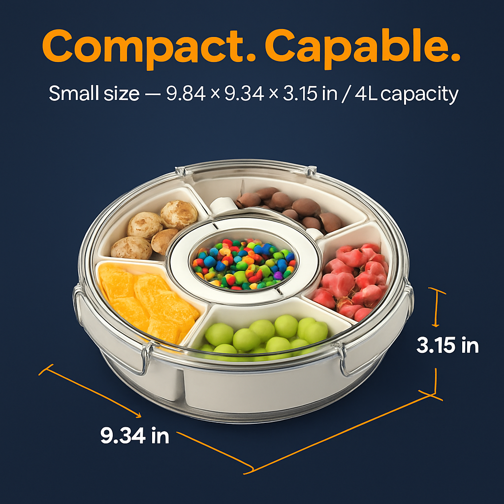 Divided Serving Tray with Lid and Handle - Rotatable Base