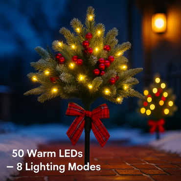 2Pcs Christmas Tree Urn Filler With Light Artificial Lighted Xmas Trees Light with Cones Berries Holiday Planter Filler LED Pathway Pine Tree IP44 Wat