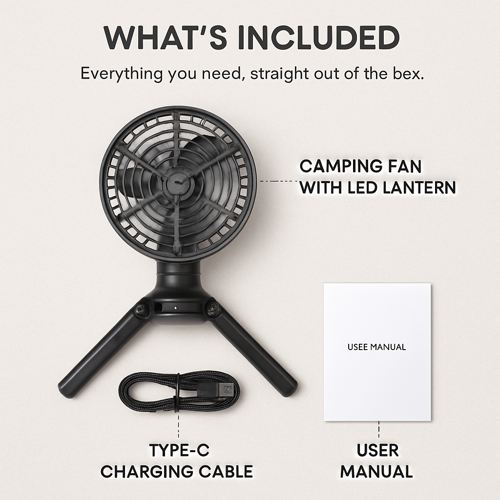 Portable Camping Fan with LED Light and Lantern