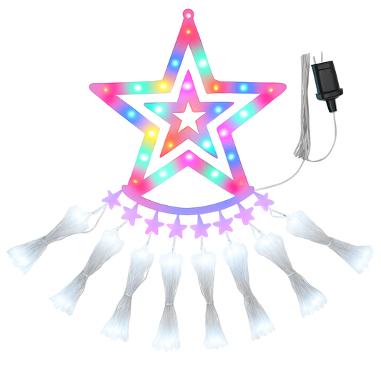 11.48FT 350LED Multicolored Christmas Star Waterfall Tree String Light Indoor Outdoor Waterproof String Lights With Star Topper 8 Light Modes Memory F