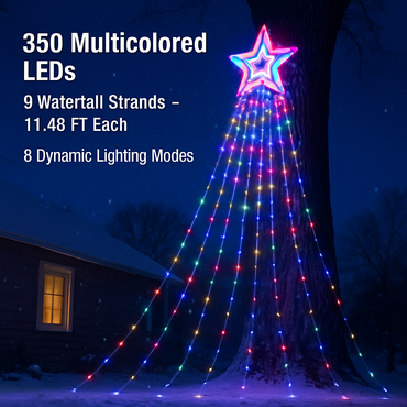 11.48FT 350LED Multicolored Christmas Star Waterfall Tree String Light Indoor Outdoor Waterproof String Lights With Star Topper 8 Light Modes Memory F