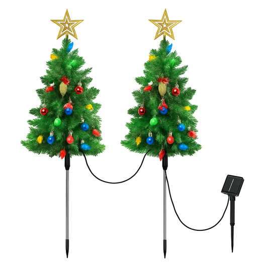 2Pack 37.4in Height Solar Christmas Tree With 100 Colorful LED Beads 8 Lighting Modes For Xmas Decoration IP44 Waterproof Outdoor Pathway Stake Light