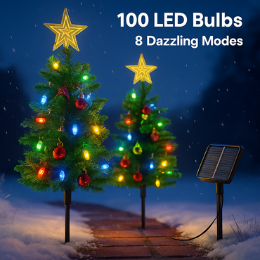 2Pack 37.4in Height Solar Christmas Tree With 100 Colorful LED Beads 8 Lighting Modes For Xmas Decoration IP44 Waterproof Outdoor Pathway Stake Light