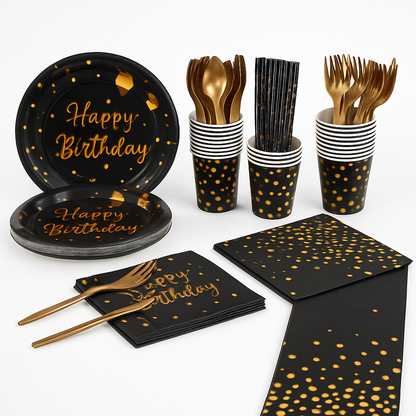 Black & Gold Birthday Dinnerware Set for 25 Guests
